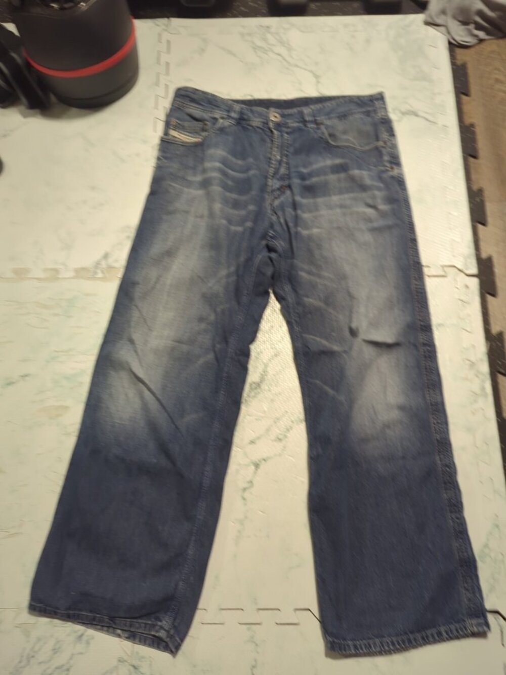 Diesel Jeans Mens 36x29 Blue Macrowill Denim Whiskered Button Fly Italy Y2K READ